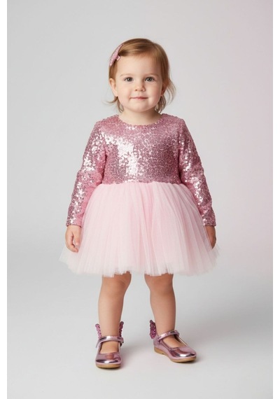 Le Mabelle Pembe Pullu Uzun Kollu Kız Bebek Elbise - Berry Pembe