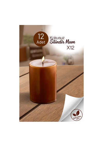 Grimorlife 12 Adet Silindir Dekoratif Kokusuz Kahverengi Mum- Hediyelik Blok Mum Diğer