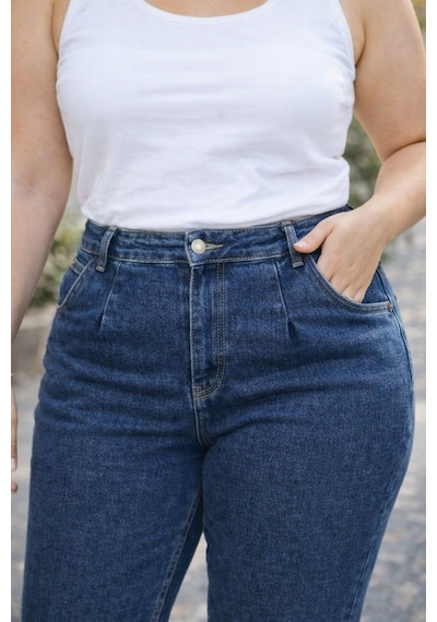 Cedy Denim Mom Fit Jean Büyük Beden Yüksek Bel Carrot Kesim Dar Paça Pileli Esnek Kot Pantolon C600 Mavi