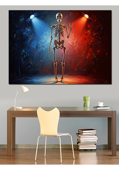 Neon Işıklı Dans Eden İskelet Dekoratif Kanvas - Mdf Ahşap Tablo