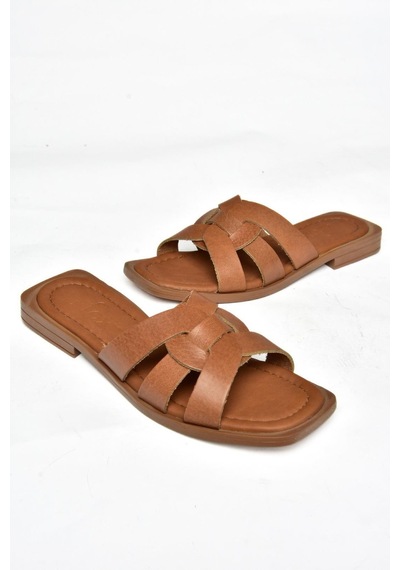 Fox Shoes S291045603 Taba Hakiki Deri Kadın Terlik Taba