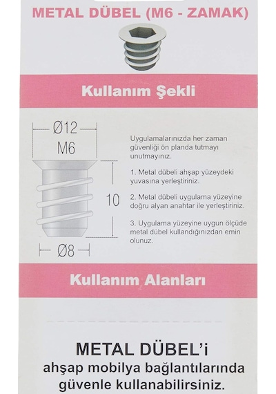 Metal Dübel Ahşap Mobilya Bağlantı Zamak Vida Yuvası M8 10X18 10 Adet