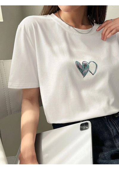 Startmore Kadın Beyaz Çift Heart Baskılı Oversize T-shirt Beyaz