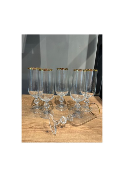 6 Lı 180 Cc Kristal Kahve Yanı Su Bardağı Ağız Altın Seffaf