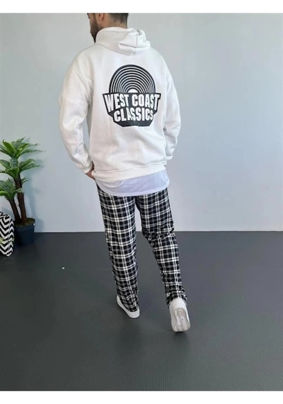 Erkek Oversize Üç İplik Kapüşonlu Sweatshirt Beyaz Ön Baskılı, Kanguru Cepli, Rahat Kalıp, İçi Pamuklu Model Beyaz