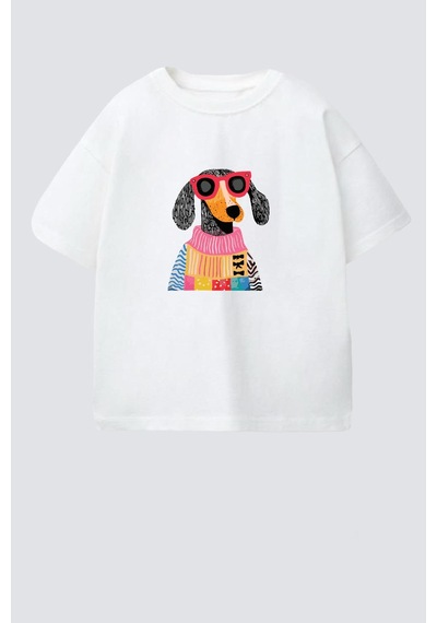 Monila Kız Çocuk Köpek Baskılı Pamuklu Bisiklet Yaka T-shirt Ekru