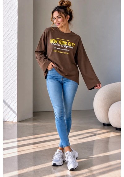 Bb Butik Basic Kadın Baskılı Bol Kollu Oversize İnce Sweatshirt Trend Model Mu3535 Kahverengi Bb Butik Basic Kadın Baskılı Bol Kollu Oversize İnce Sweatshirt Trend Model Mu3535 Kahverengi