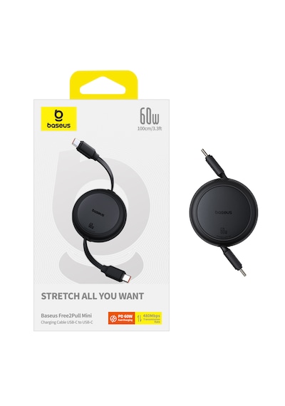Baseus Free2pull Mini Makaralı Usb-c To Usb-c 100w Hızlı Şarj Ve Data Kablosu, Siyah 100 Cm