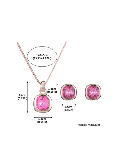 Joyra - Rose Gold Pembe Taşlı Geometrik Şık Tasarım Kolye Ve Küpe Takı Seti