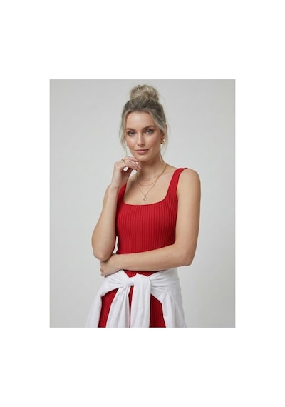 Neden Tekstil Premium Fit Kare Yaka Fitilli Triko Midi Elbise - Kırmızı