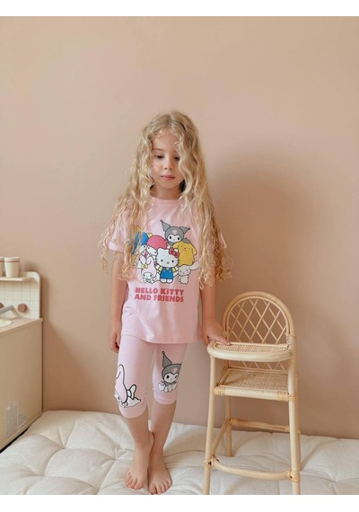 Miniko Kids Kız Çocuk Kısa Taytlı Hello Kitty Kuromi Basklı Pamuk Takım Pembe