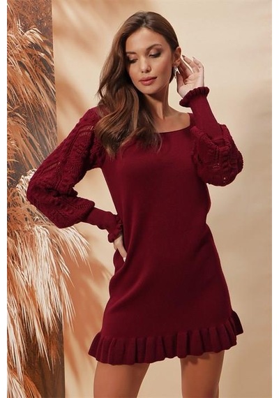 Aqe Fashion Kol Dantel Detaylı U Yaka Eteği Fırfırlı Bordo Elbise Bordo
