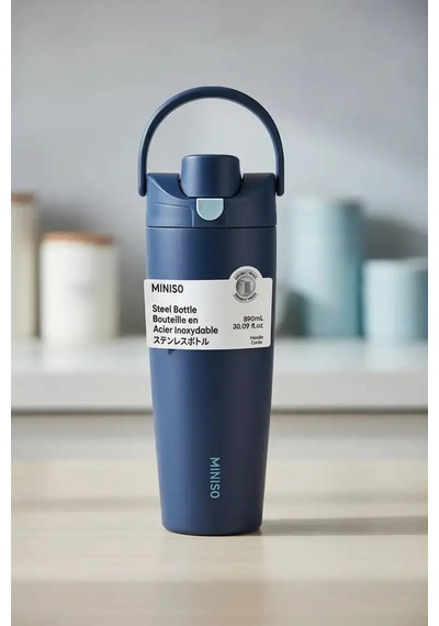 Miniso Lisanslı Pipetli Paslanmaz Çelik Bardak 890 Ml Çift Cidarlı Lacivert