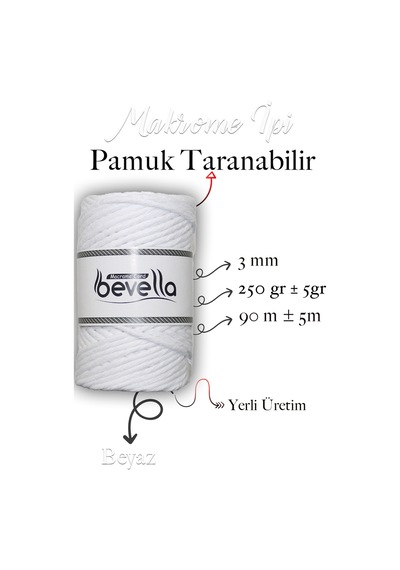 Taranan Makrome Ipi 3mm Taranabilir Pamuk Tek Büküm Makrome Ipi Beyaz Optik