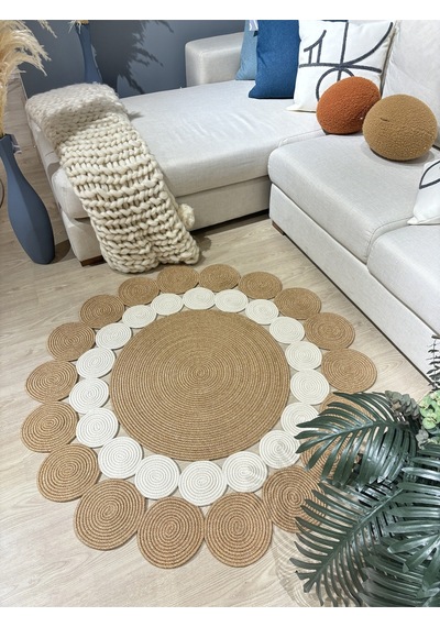 Mavaux Hasır Jüt Çiçek Desenli Kilim Halı Krem - Bej