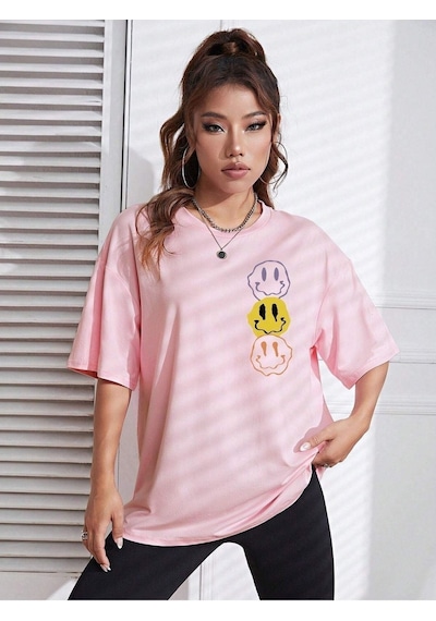 Emoji T-shirt - Pembe Baskılı Oversize Bisiklet Yaka Kısa Kol Pembe