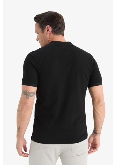 DeFacto Slim Fit Dar Kesim Polo Yaka Kısa Kollu Dokulu Basic Düz Siyah Tişört T5259AZ25SMBK81