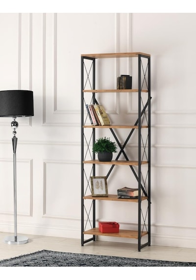 Ferforje Ahşap 5 Raflı Kitaplık 60x30x180 001