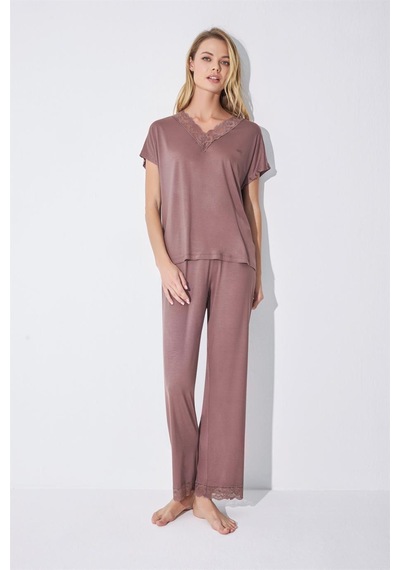 Monamise Kadın Kısa Kollu V Yakalı Dantelli Pijama Takımı 18512-kahve Kahverengi