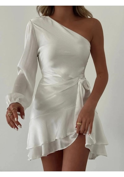 Fashion Cocktail Soft Saten Tek Omuz Tek Kol Asimetrik Katlı Dalgalı Mini Kokteyl Davet Gece Elbisesi Ekru Fashion Cocktail Soft Saten Tek Omuz Tek Kol Asimetrik Katlı Dalgalı Mini Kokteyl Davet Gece Elbisesi Ekru