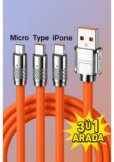 3'ü 1 Arada 120w Hızlı Şarj Kablosu Micro Usb, Type-c Ve Lightning Uyumlu Samsung, Apple iPhone Turuncu - 736617527