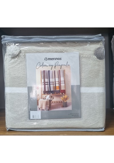 Merinos Colorway Tek Kişilik Ponponlu Battaniye 150 X 200 Beyaz Krem