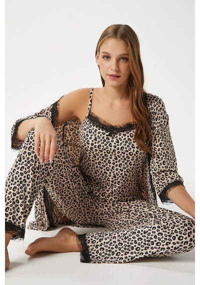 Ritnice Kadın Betty Leopar 3'lü Paket Sabahlıklı İp Askılı Dantelli Fitilli Örme Pijama Takımı Leopar