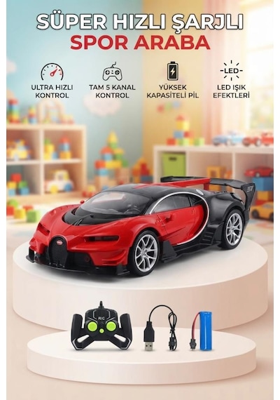 Bugatti Tasarımlı Uzaktan Kumandalı 27mhz 5 Kanallı 1:14 Ölçekli Süper Yarış Arabası Çok Renkli