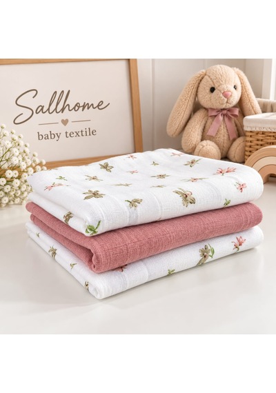 Sallhome Baby 3'lü Müslin Bebek Örtüsü Seti Çiçek Desenli & Gül Kurusu %100 Pamuk
