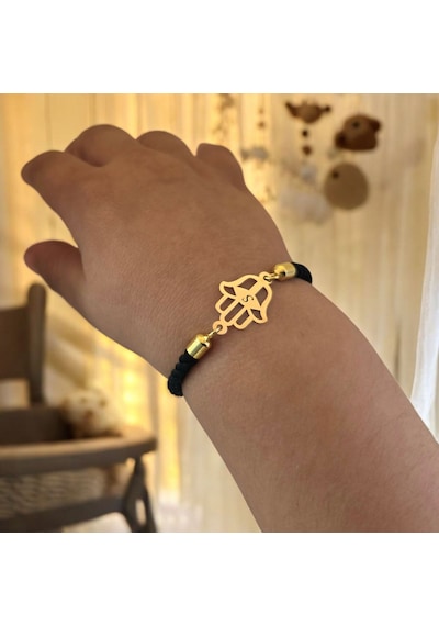 S Harfine Özel Siyah İpek Örgülü Hamsa Motifli 14 Ayar Altın Plakalı Hediye Bileklik-509harf S