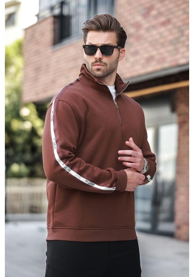 Madmext Acı Kahve Fermuarlı Yarım Balıkçı Yaka Erkek Sweatshirt E7164 Acı Kahverengi