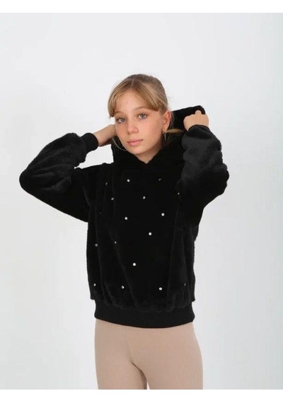 Kız Çocuk Taşlı Peluş Kapüşonlu Sweatshirt-14827 Siyah