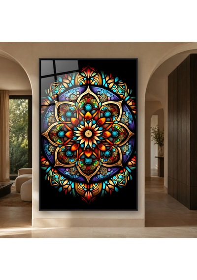 Siyah Fonda Vitray Renklerinde Detaylı Simetrik Mandala Siyah Çerçeveli Cam Tablo