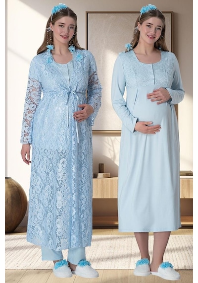 Mecit Pijama Mecit 6060 Bayan Mavi Sabahlık Gecelik Pijama Hamile Lohusa Set 001