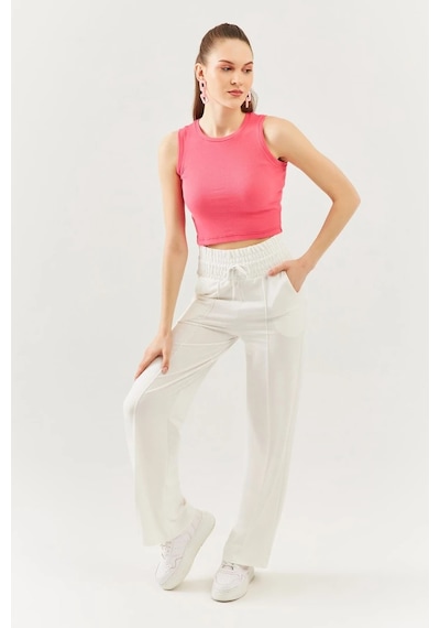 Butikgiz Kadın Sıfır Kol Bisiklet Yaka Vücuda Oturan %100 Pamuklu Kaşkorse Esnek Crop Bluz Pembe