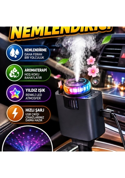 Araç İçi Nemlendirici Aromaterapi, Yıldız Işık Ve Hızlı Şarj Özellikli