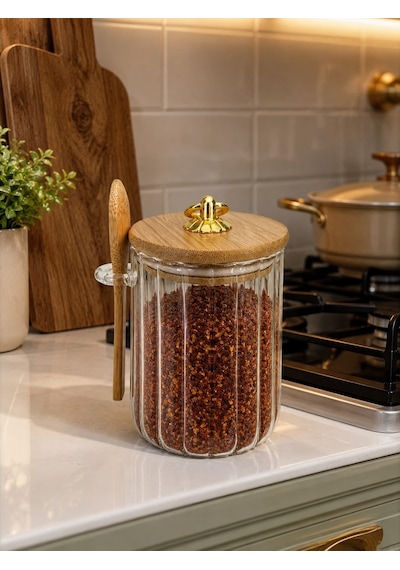 Morponi Kaşıklı Çizgili Cam Baharat Kavanozu 600 Ml - Gold Halka Kulplu Bambu Kapaklı Saklama Kabı Dh 57-59 Şeffaf