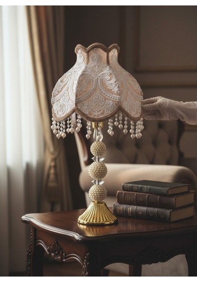 Koyu Gold Kadife Fransız Dantel Başlık İncili Gold Metal Ayaklı Klasik Abajur 50x25cm