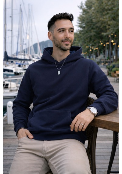 Luxıc Core Erkek Oversize Kapüşonlu Sweatshirt Lacivert Geniş Kalıp, Rahat Fit, Günlük Kullanım