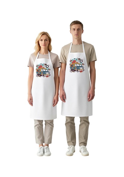 Unisex Mutfak Aşçı Önlüğü Donut Baskılı Grafik Desen Rahat Kesim Beyaz