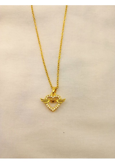 Zirkon Taşlı Kanatlı Kalp Kadın Kolye Gümüş Kaplama Gold Çok Renkli