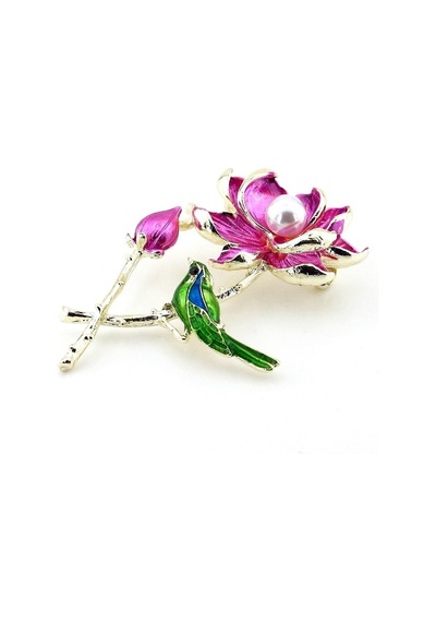 Solfera Pembe Lotus Çiçeği Daldaki Kuş Renkli Metal Broş Rz192