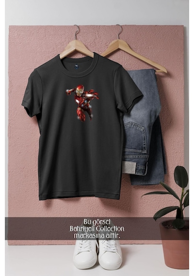 Oversize İronman Sinematik Tasarımlı Unisex T-shirt Siyah