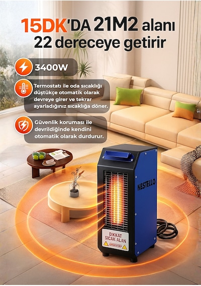 Nestello Elektrikli Isıtıcı 3400w, 3 Kademeli Ayar, Sessiz Fanlı Isıtıcı