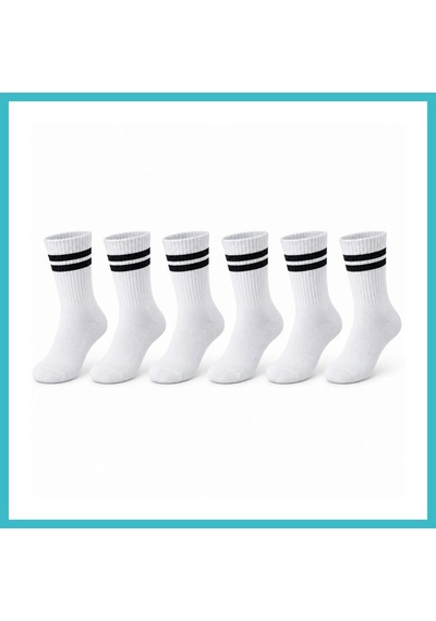 Bezos Unisex Beyaz Çorap Siyah Çizgili 6'lı Set Uzun Soket Günlük Spor Kolej Stil Rahat Kadın Erkek Çorabı Dfnbez