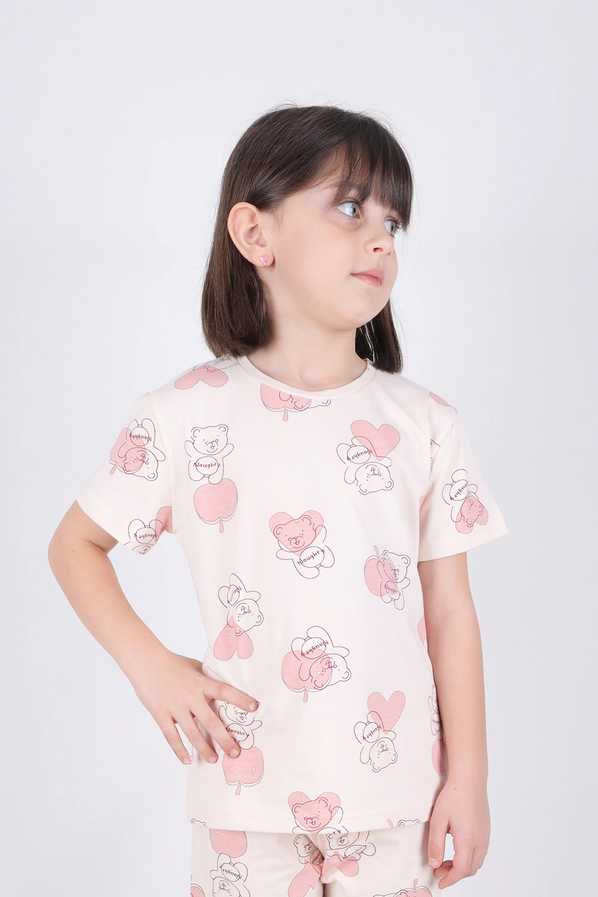 Kız Çocuk Pamuklu Kalpli Desenli Pijama Takımı Kc30102 Pudra