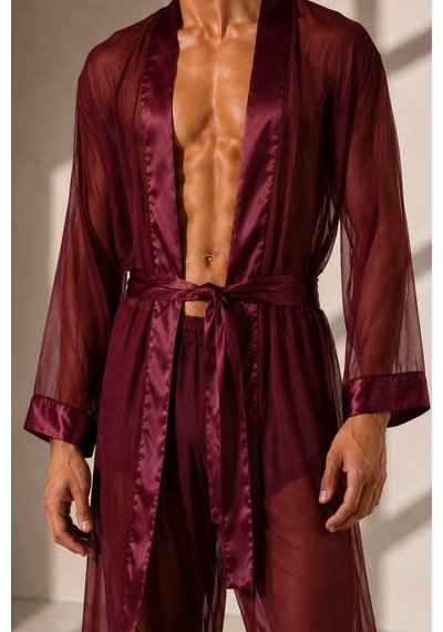Qmen Style Erkek Şifon Kimono- Pijama - Şort Seti Bordo
