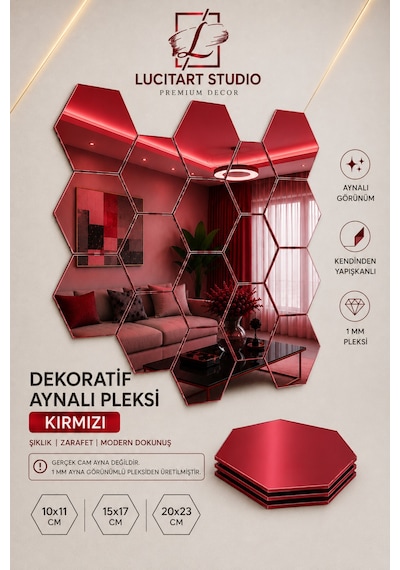 Lucitart Aynalı Pleksi Petek Duvar Dekoru Kendinden Yapışkanlı Dekoratif Altıgen Ayna Tekli 9 Renk 10x11 - 15x17 - 20x23 Cm Kırmızı Lucitart Aynalı Pleksi Petek Duvar Dekoru Kendinden Yapışkanlı Dekoratif Altıgen Ayna Tekli 9 Renk 10x11 - 15x17 - 20x23 Cm Kırmızı