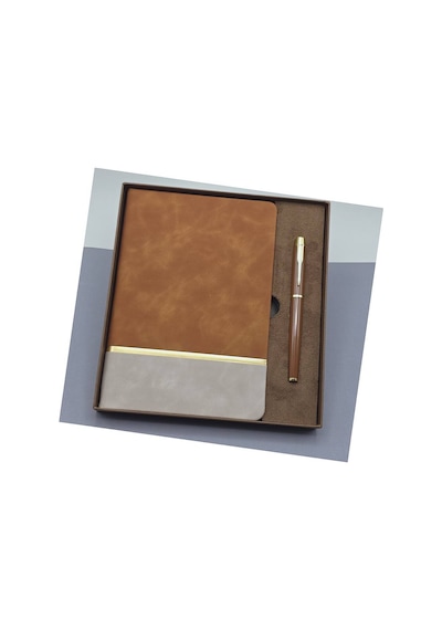 Kutulu Altın Şeritli Deri Defter Ve Kahverengi Metal Roller Kalem Set Evimdeyokyok