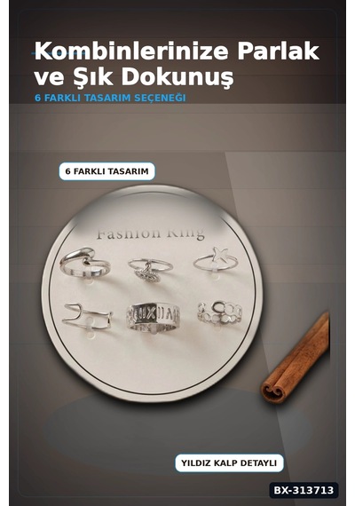 Pirinç Bohem Detaylı 6 Adet Yüzük Seti - Gümüş Rengi, 7-8 Numara, Bijuteri Aksesuar Bx-313713 Çok Renkli